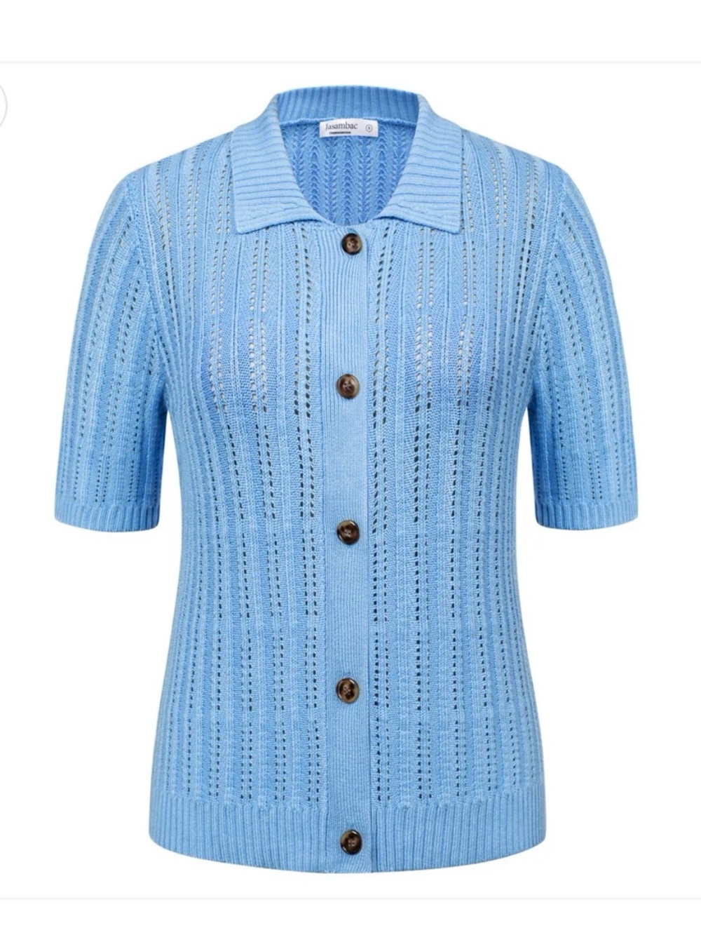 Light Blue Short-Sleeve Button-Up Knit Sweater